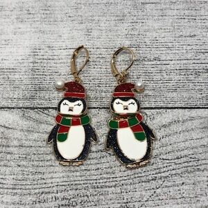 Betsey Johnson glittery penguin earrings gold tone statement dangle drop festive